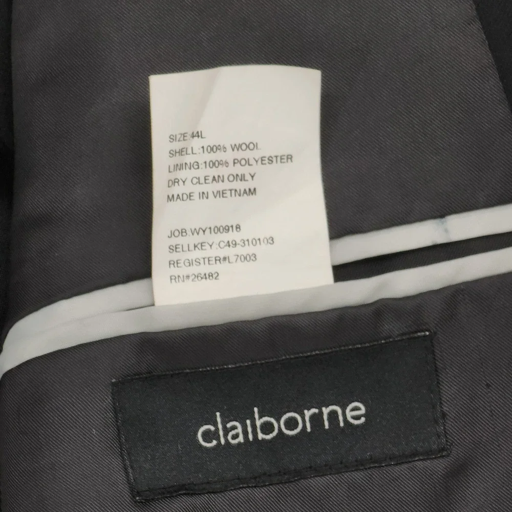 Claiborne Suit 44L 40x32 Men Black 2 pc Wool 3 Button Pleats Professional Formal